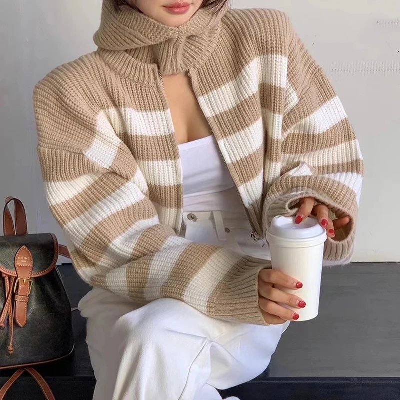 

Gidyq Autumn Women Cardigan Sweater Fashion Korean Stripe All Match Loose Knitted Coats Female Zipper Cropped Jacket New