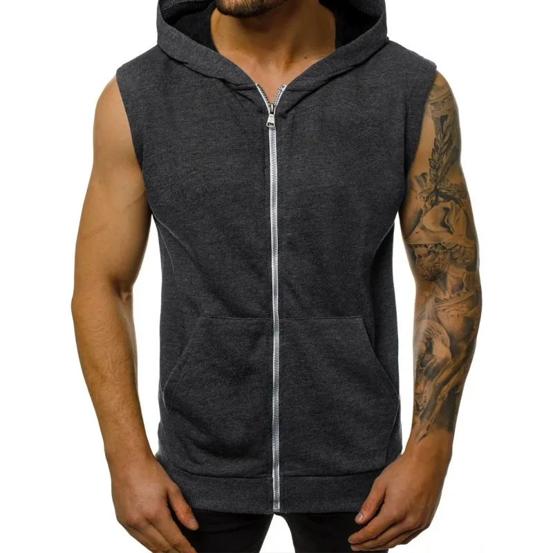 

Men's Summer Slim Fit Fashion Fitness Sports Sleeveless Tank Top Hooded Cardigan Jacket Trendy Versatile Vest