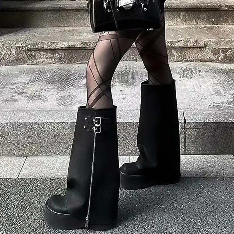 Winter Women Biker Boots Fashion Belt Buckle Ladies Platform Wedge Heel Long Pipe Booties Casual Women's Knee High Booties