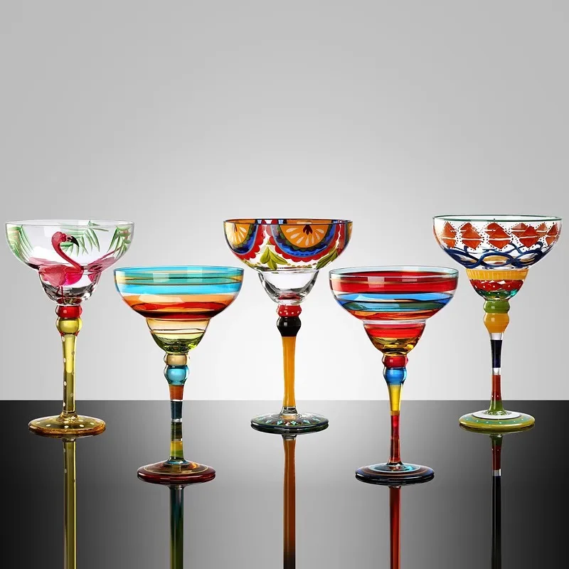 แก้วค็อกเทลถ้วยมือวาด Margarita Goblet แก้วไวน์ Creative Flamingo แก้วไวน์สีแดงลายถ้วยไวน์แดงถ้วยน้ํา