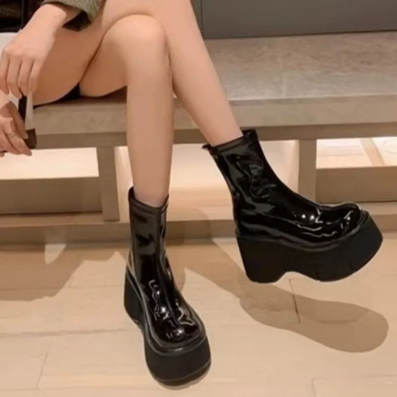 Super High Heel Wedges Modern Boots Slip-on Solid Ladies Shoes on Sale 2025 Fashion Round Toe Sewing Concise Women's Boots image 4