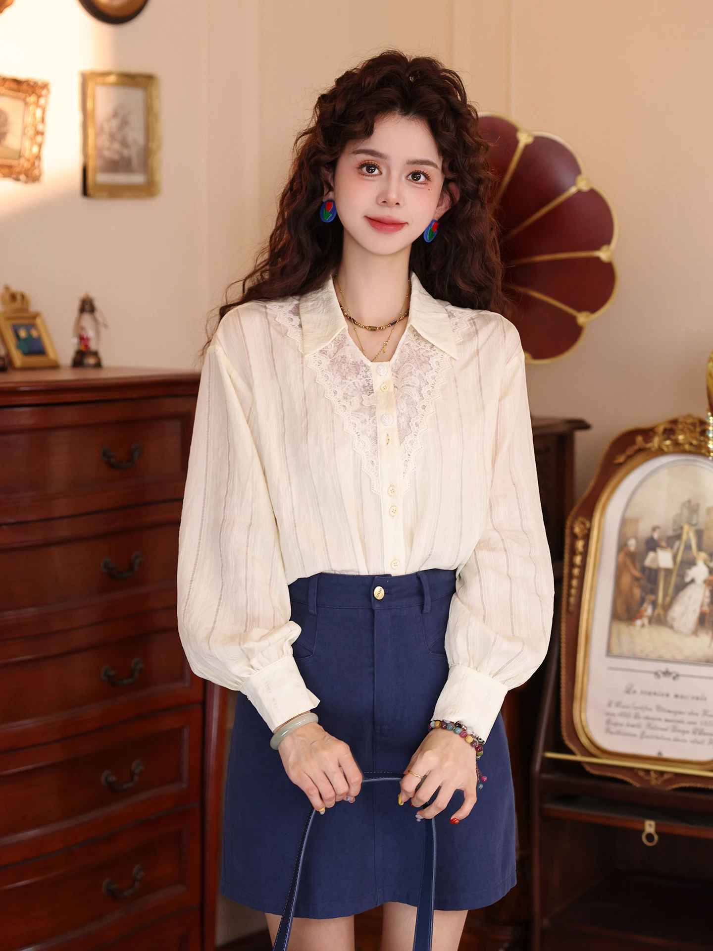 

Элегантная женская рубашка с длинным рукавом, в полоску, с кружевом, уникальная, красивая, шикарная, в винтажном стиле, свободного кроя, с вышивкой, из смесового хлопка