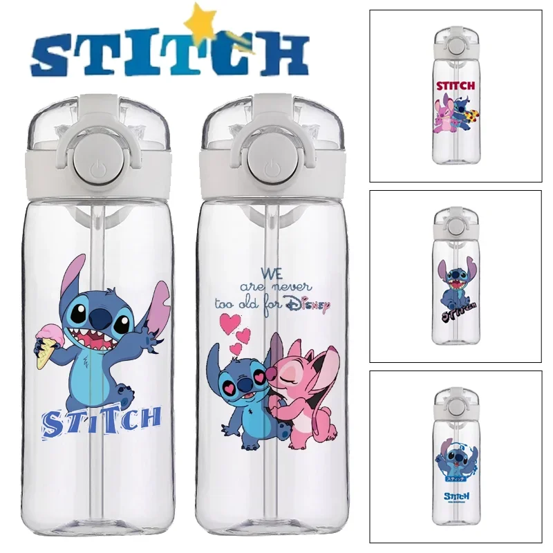 400ml Disney Stitch Plastic Water Bottle Portable Outdoor Sport Tea Cup Transparent Kids Straw Cups Kitchen Drinking Tools