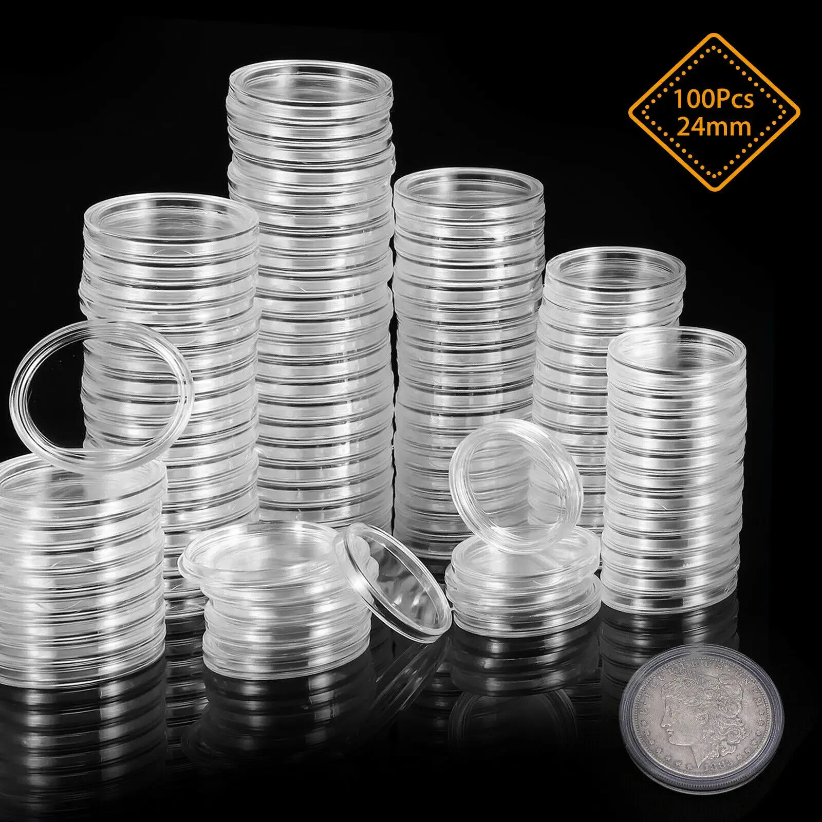 100Pcs 24/25mm Clear Round Plastic Coin Holder Capsule Container Storage Box For Coin Capsules Medal Collection Holder Container