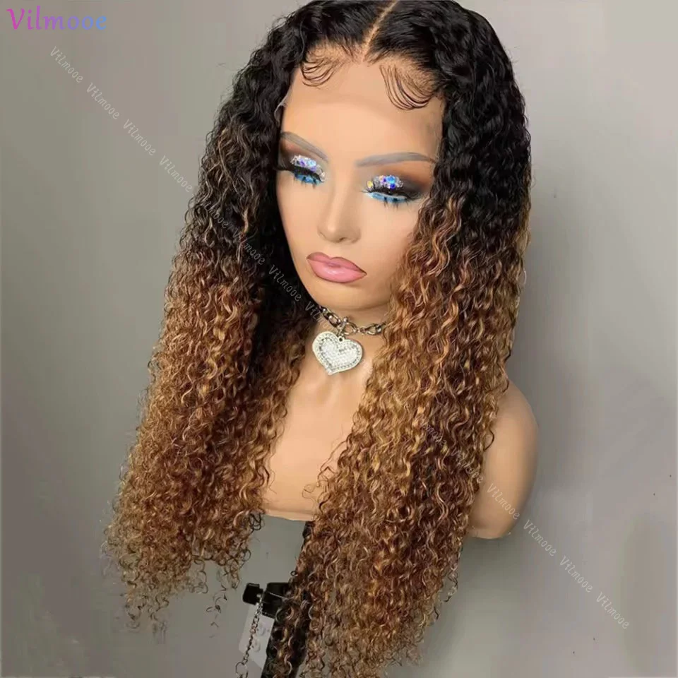 Brazilian #1b/27 Honey Blonde Kinky Curly Wig 13x4 HD Transparent Lace Frontal Silk Top Closure Human Hair Wigs 200% For Women