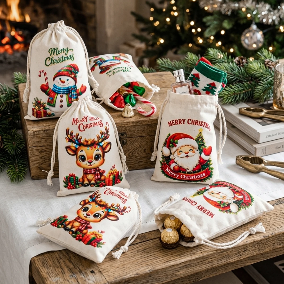 Christmas Drawstring Bags Merry Christmas Decorations for Home 2026 Cute Santa Claus Xmas Gift Bags Navidad Natal New Year 2027