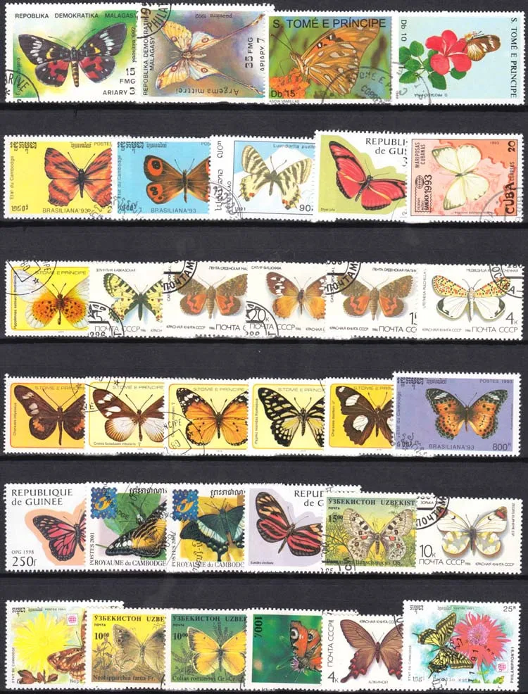 Butterfly insect  50 100 Pcs/lot Topic Stamps World Original Postage Stamp with Postmark Good Condition Collection No Repeat