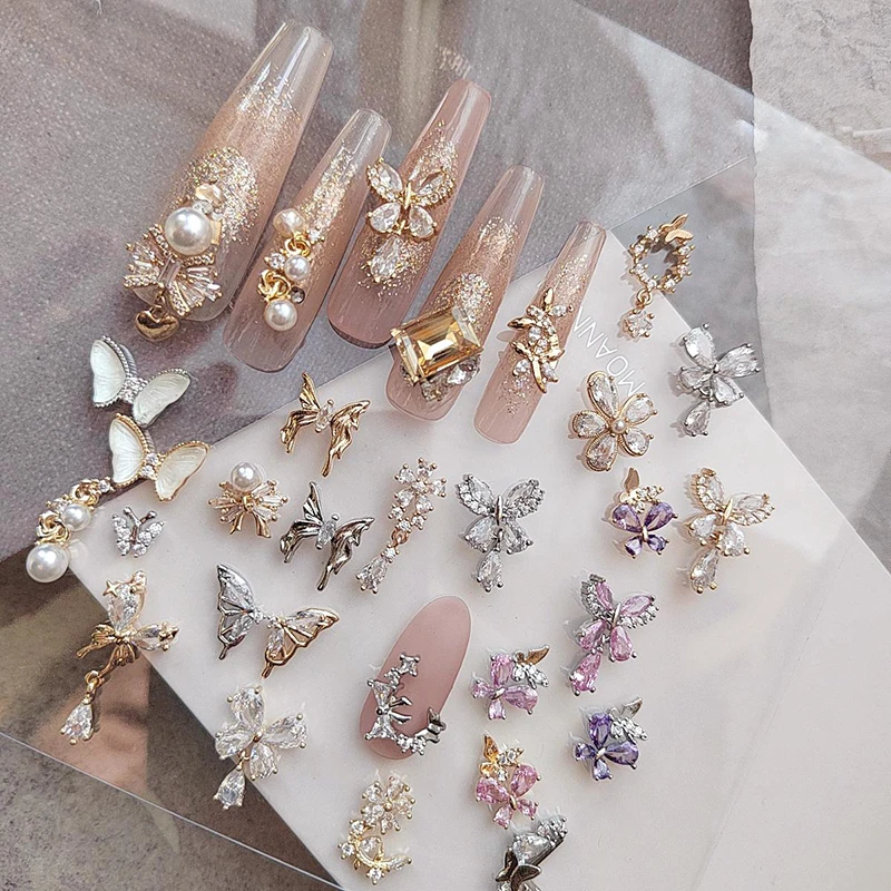 5 PCS Purple and pink super fairy butterfly pendant nail decoration alloy zirconia super shiny rhinestone nail accessories
