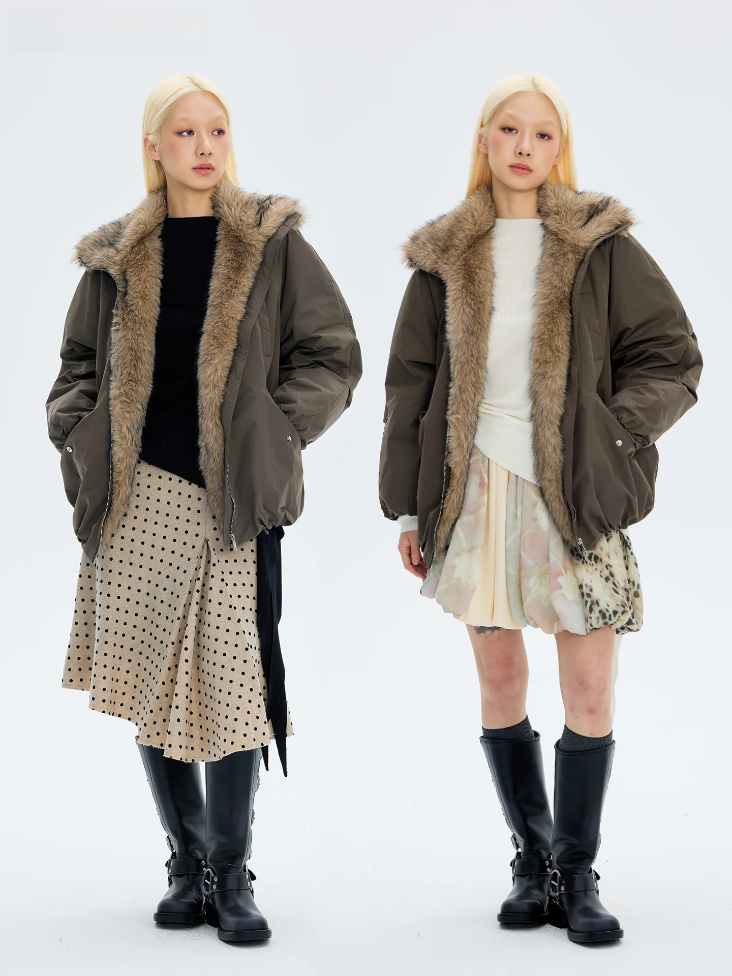 

Экологичная женская парка HORAHORA с капюшоном, наполнителем из 90% пуха, белым воротником-стойкой и воротником из перьев