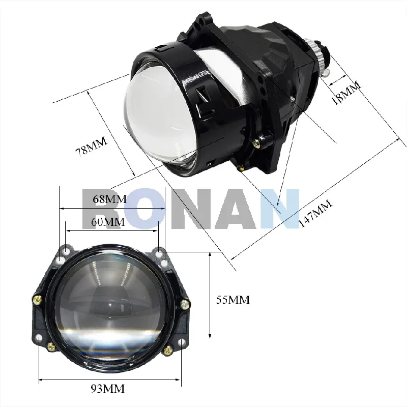 Ronan 90W 3 inch Bi-LED Projector Lens Both Side Reflector Bowl H1 Socket H4 H7 9005 Adaoter for Hella 3R Car Headlight Retrofit