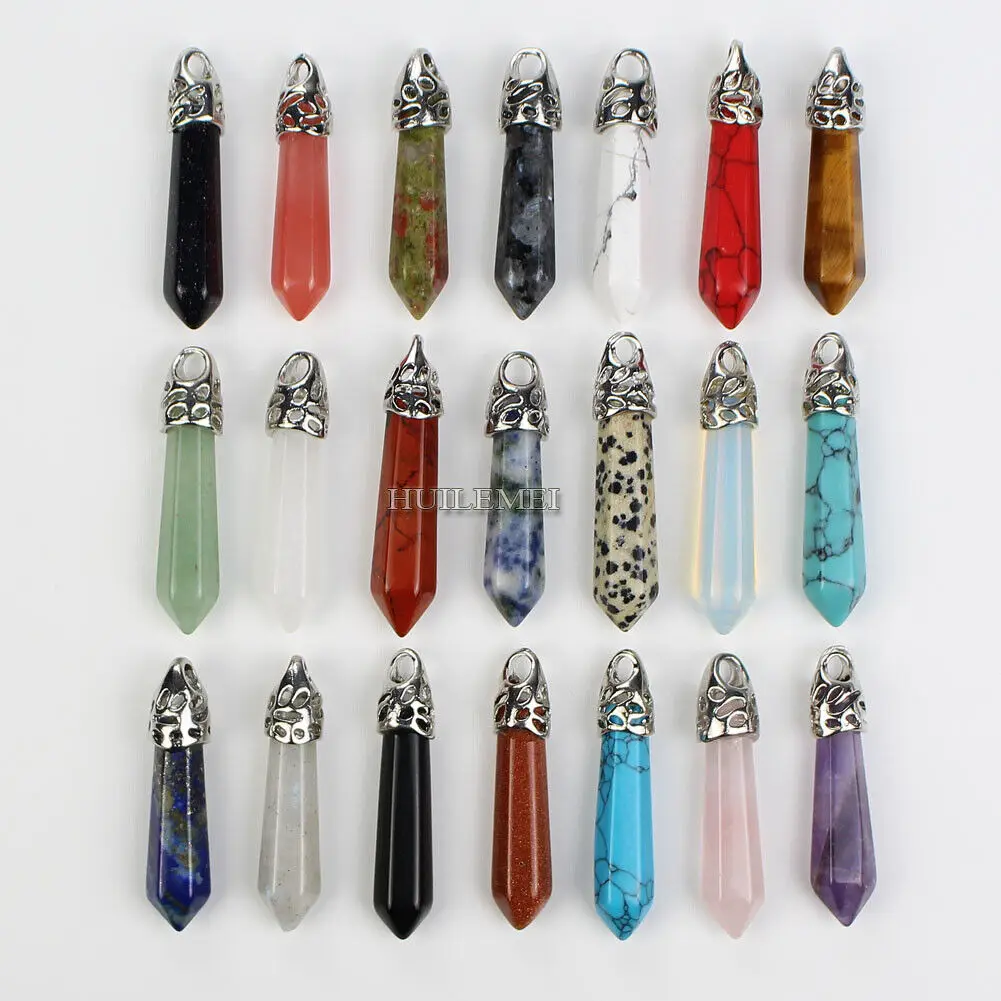 

Wholesale 20pcs/lot Mixed Natural Stone Crystal Quartz Hexagonal Pointed Pendants Healing Gems for DIY Necklace Jewelry Making