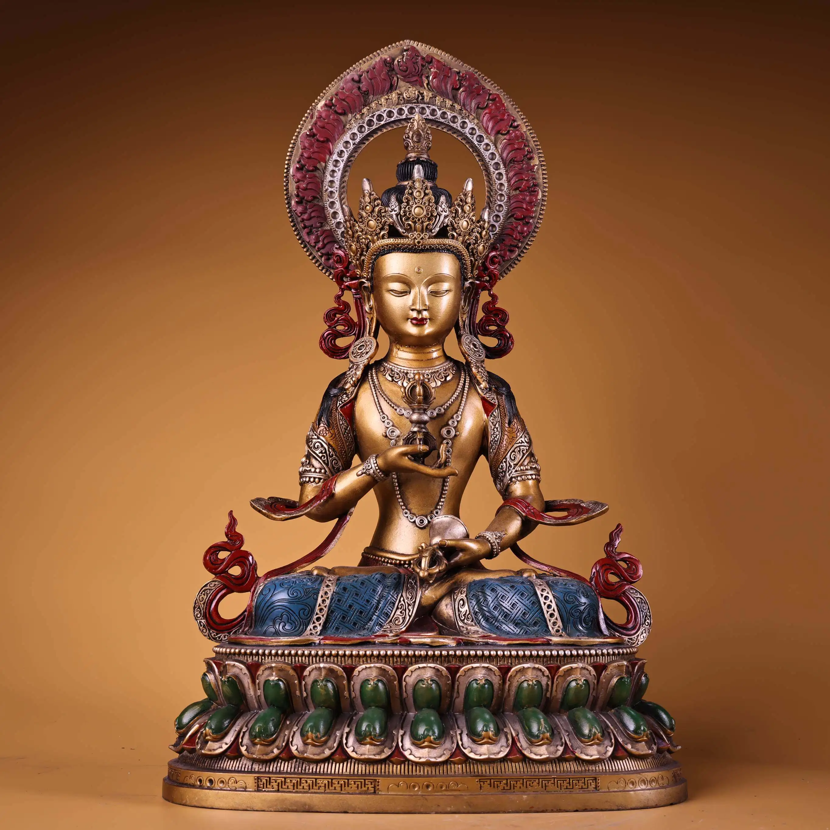 Old Copper Painted Gold Highlight Vajrasattva Buddha Statue Serene Face Heavy Patina Fine Craft