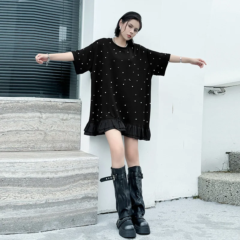 Tannt femmes robe volants Patchwork perles mode t-shirt robes pour femmes décontracté ample noir été t-shirt robes 2025 nouveau