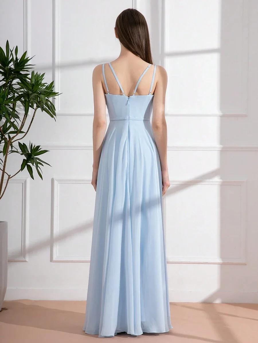 Ladies Elegant Light Blue Spaghetti Strap Evening Dress 2024