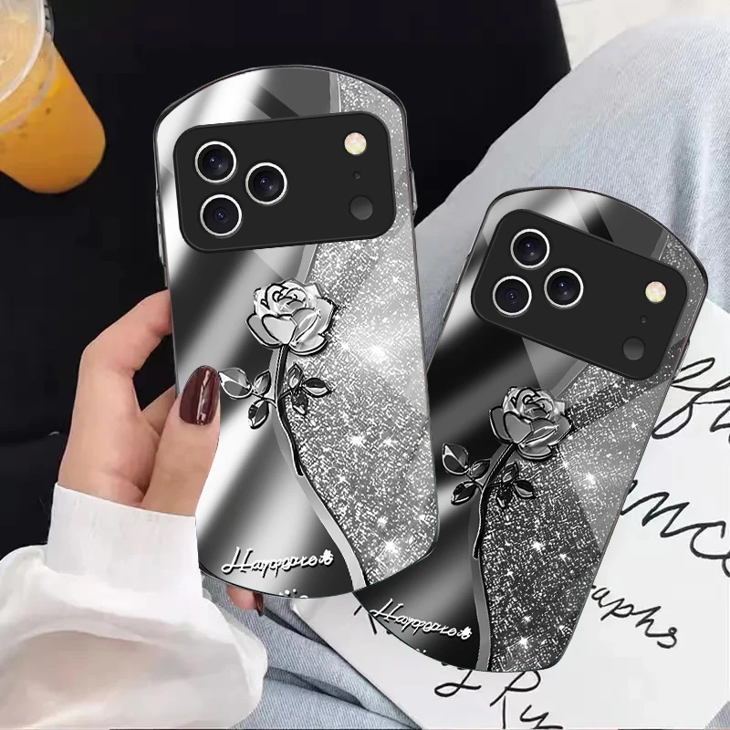 

Starry Sky Metal Rose For iPhone 17 16 15 14 Pro 13 Plus 12 mini 11 Pro Max XR X S 7 8 Elliptical Tempered Glass Phone Case