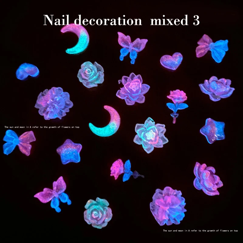 50PCS 레진 3D 야간 조명 네일 아트 참 야광 그라데이션 연꽃 나비 달 매니큐어 DIY 장식 액세서리