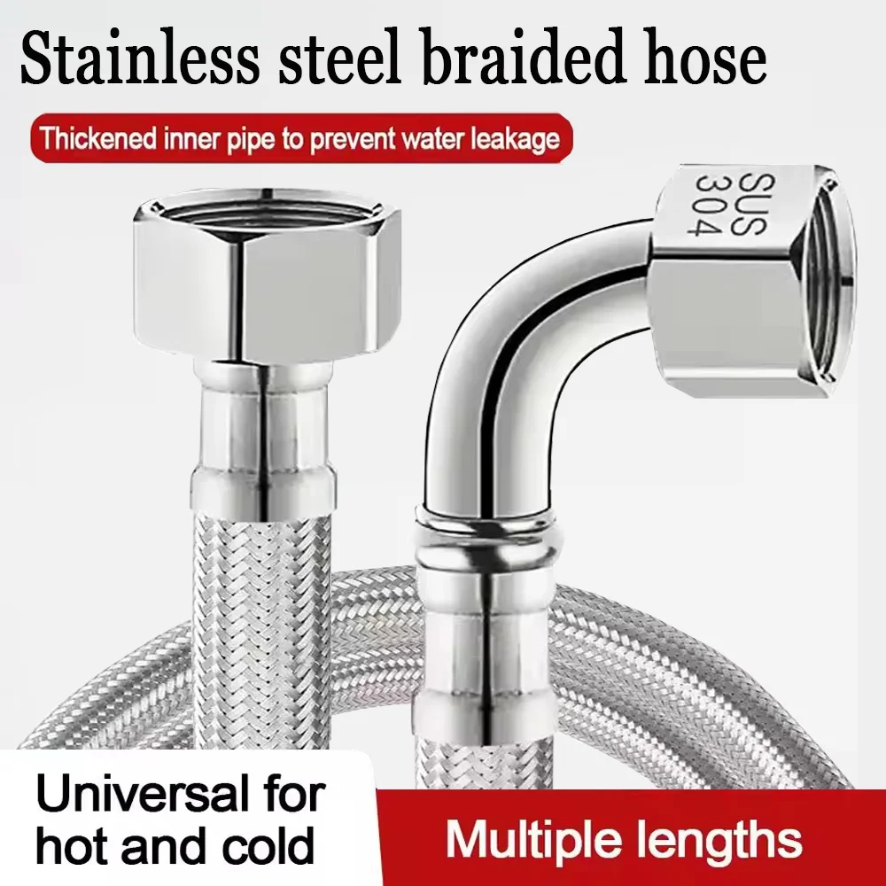 Nouveau 30/40/60/100/150/200cm 90 °   Tuyau d'entrée de toilette courbé, Tube tissé en acier inoxydable 304, tuyau antidéflagrant en métal pour eau chaude et froide