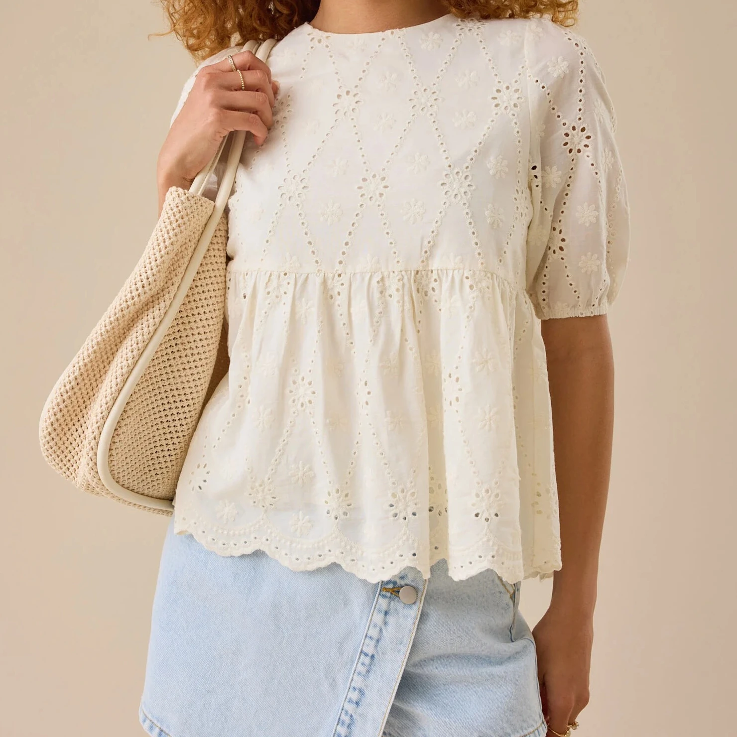 Women's Summer Soild Color Baby Doll Blouses Casual Stylish Embroidered Loose Hem Hollow Out Short Sleeve Tops