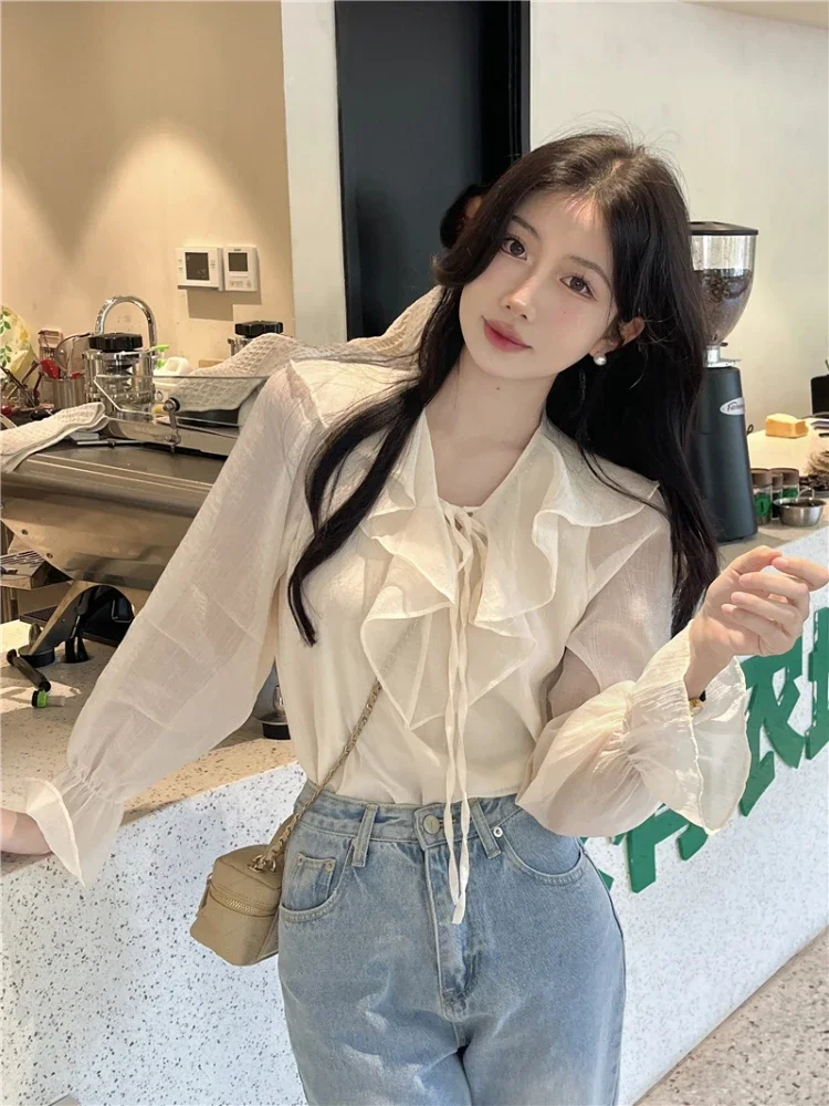 Summer Sweet Blouses Women Tops Pure Soft All-match Harajuku Simple Ruffles Fashion Elegant Design Chic Lady Temperament V-neck