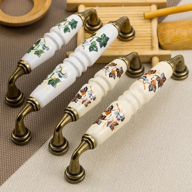 2PCS Vintage Rural Ceramic Drawer Cupboard Door Handles Green/Red Leaves Cabinet Pulls Dresser Kitchen Pull Knobs For Furniture