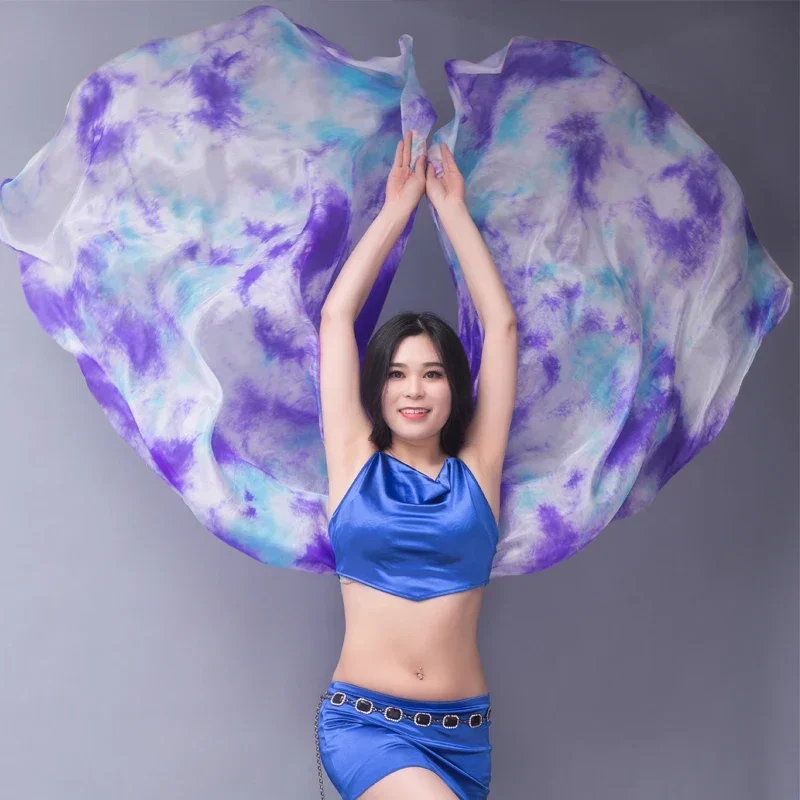 Customized Belly Dance Silk Veils For Dancer Gradient Hand Scarf 250x114cm Real Silk Flowy Props Multi Colorful Tie-dye Veils