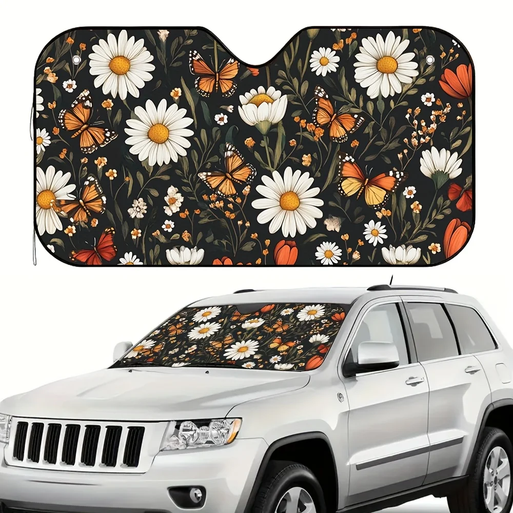 

1 шт. белый солнцезащитный козырек для автомобиля с принтом бабочек и ромашек - складной солнцезащитный козырек с защитой от ультрафиолета и 4 присосками, стильный цветочный дизайн для SU