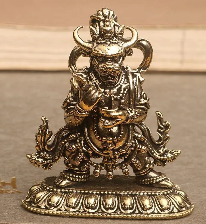 Bronze Mahakala god of wealth Yama-raja Tibet Buddhism ox head Buddha Statue 6cm