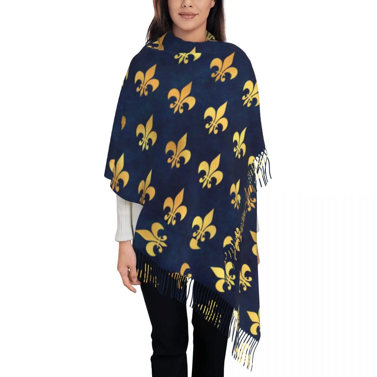 Royal Gold Blue Grunge Fleur De Lis Scarf Women Men Luxury Winter Shawl Wraps Lily Flower Tassel Wraps