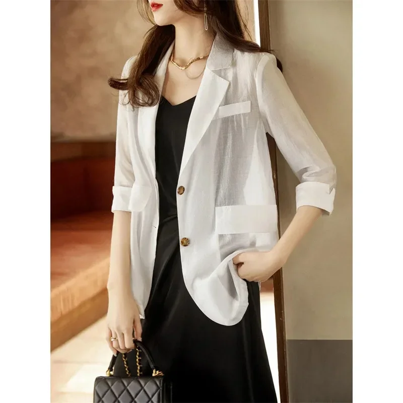 

Pop Summer Chiffon Blazer Jacket Wome 2025New Size 5XL Thin Mid-Long Cardigan Jacket Thin Three-Quarter Sleeve Sunscreen Shirt L