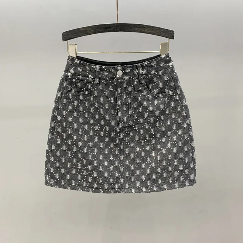 [ZOCI] 2024 Summer New Sequin Embroidery Worn Denim Short Fashionable Slim, Casual A-line Hip Hugging Skirt