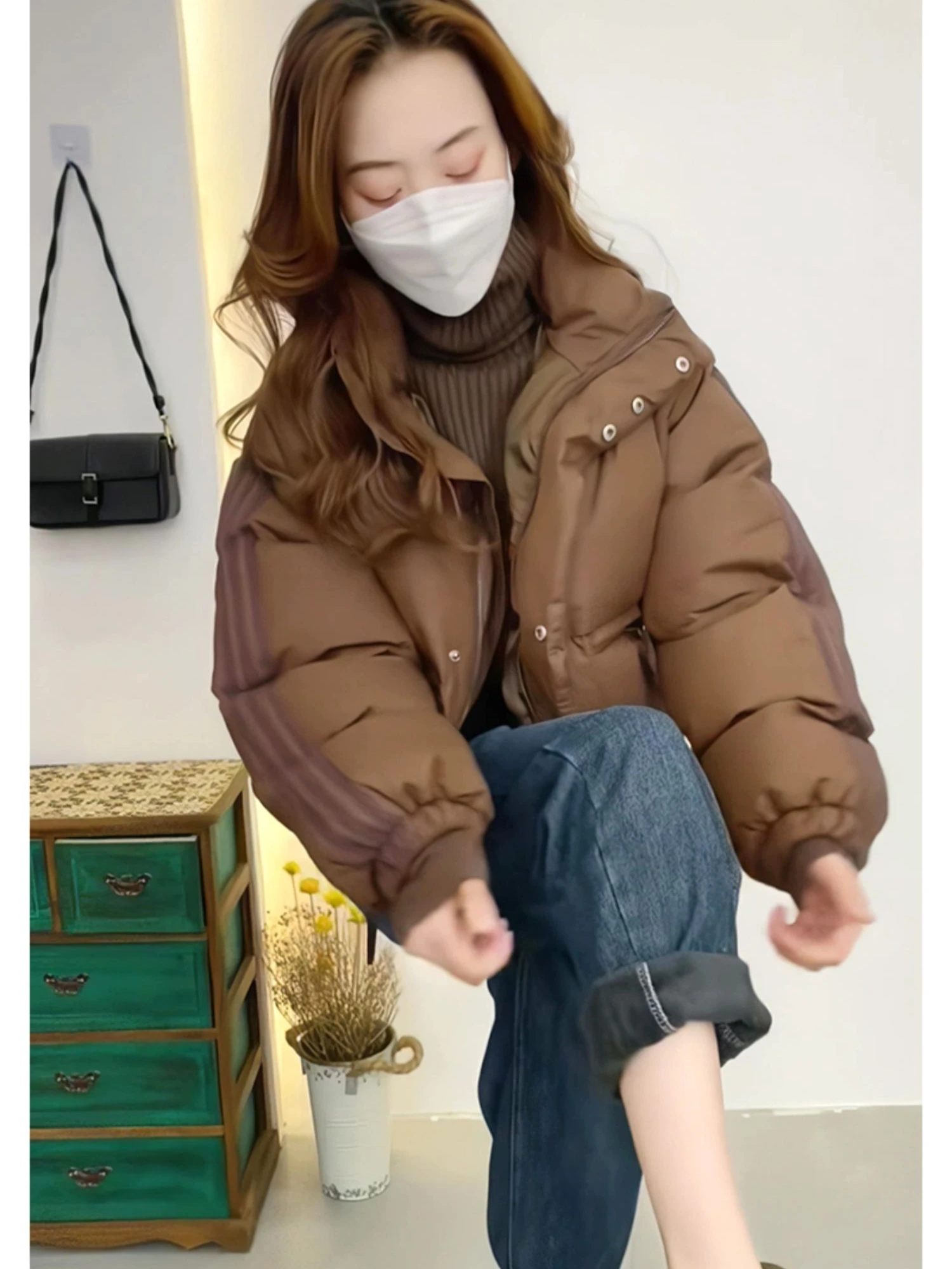 Chic ort puffer jaet feminino inverno thi outerwear cor café gola pão sle versão coreana du casaco para baixo