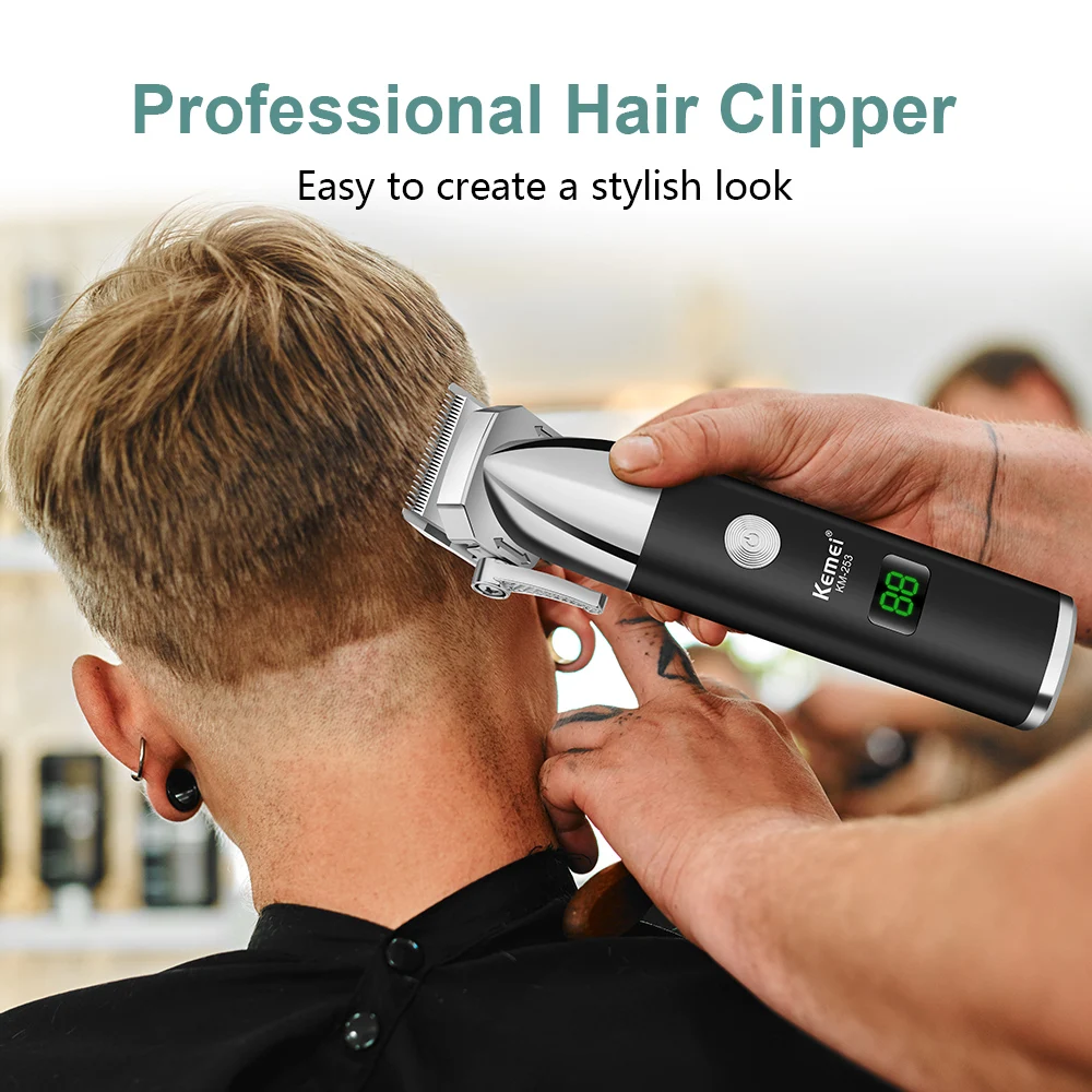 ماكينة قص الشعر الاحترافية من KEMEI مع شاشة رقمية، محرك قوي، تعديل متعدد السرعات في الصالونات، جودة مثالية