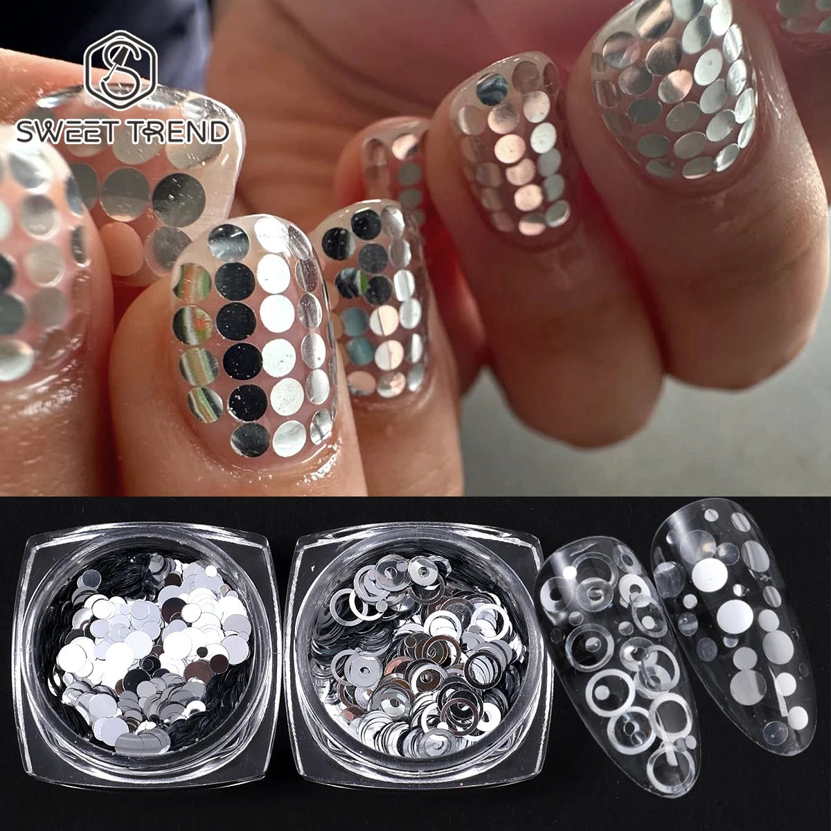 2pcs Mirror Silver Hollow&Solid Round Nail Art Sequin Metal Circle Bubbles Ring Glitter Flake Y2K Creative Slices Manicure Decor