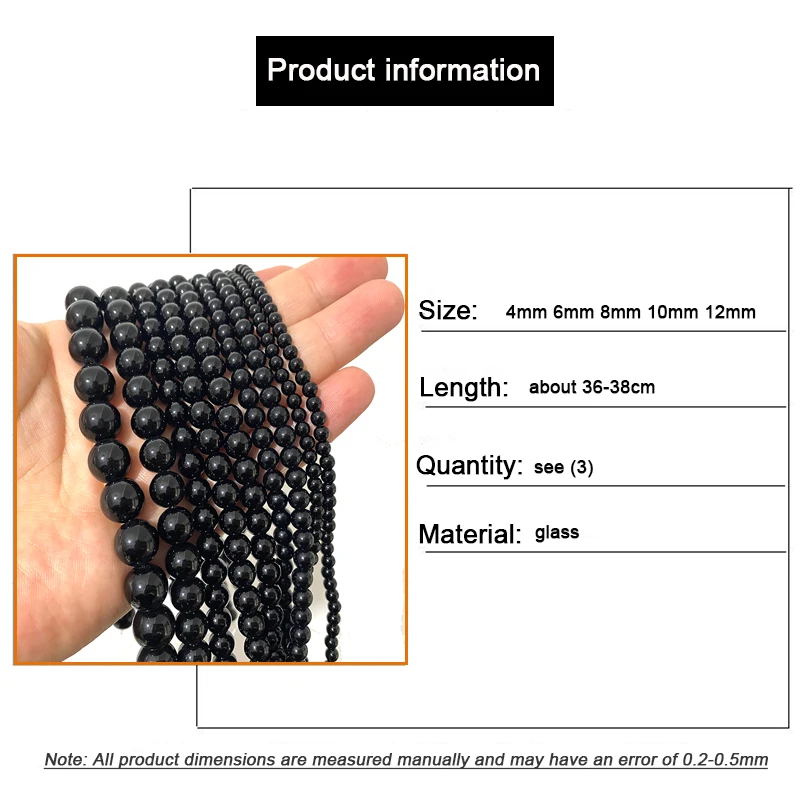 Hot Round Black Onyx Glass Loose Smooth Natural Stone Beads For Jewelry Making DIY Bracelet Earrings Handmade Accessories 4-14mm