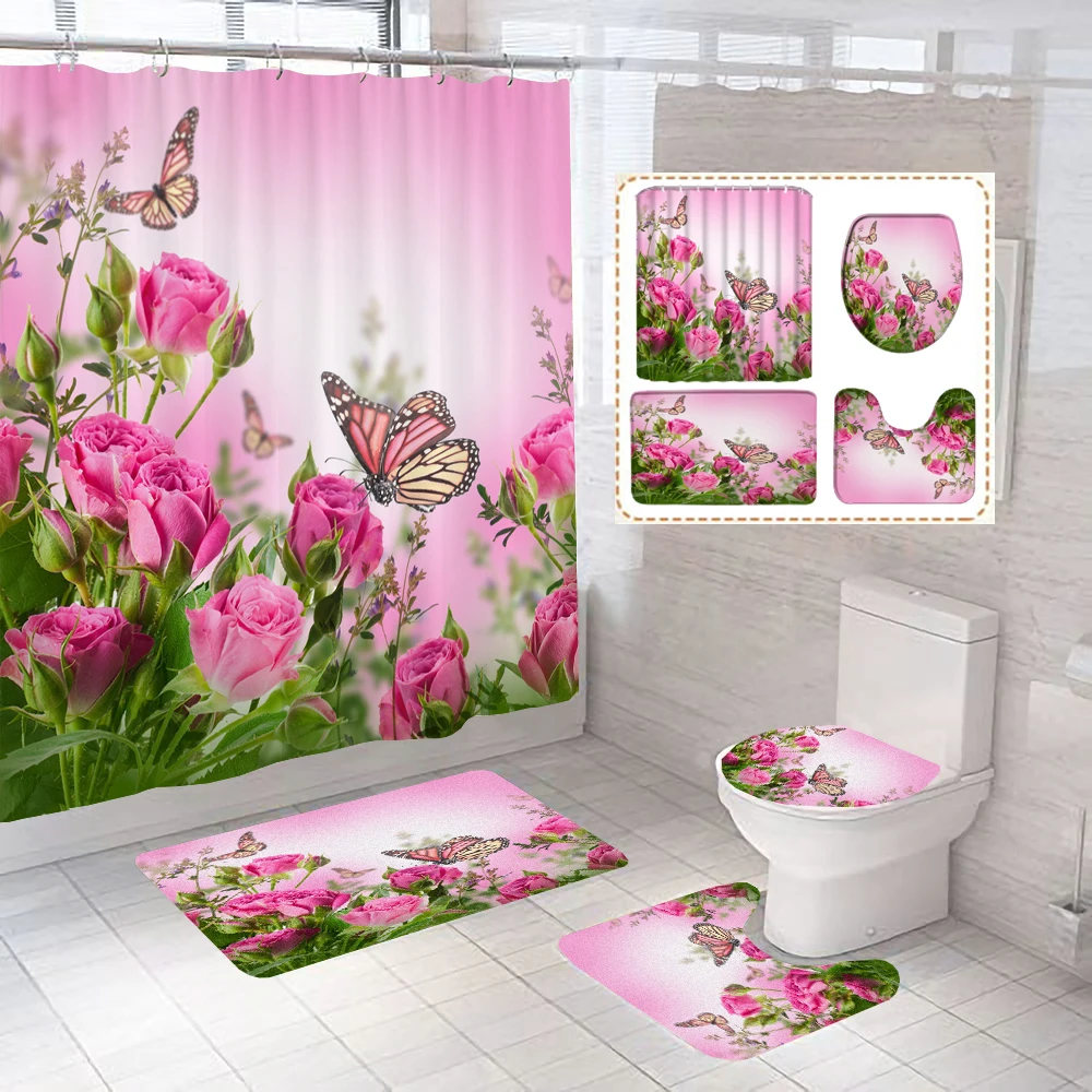 

Butterfly Rose Flower Printed Waterproof Bathroom Shower Curtain Set Non-Slip Bath Mat Rug Sets Toilet Cover Bathroom Decor