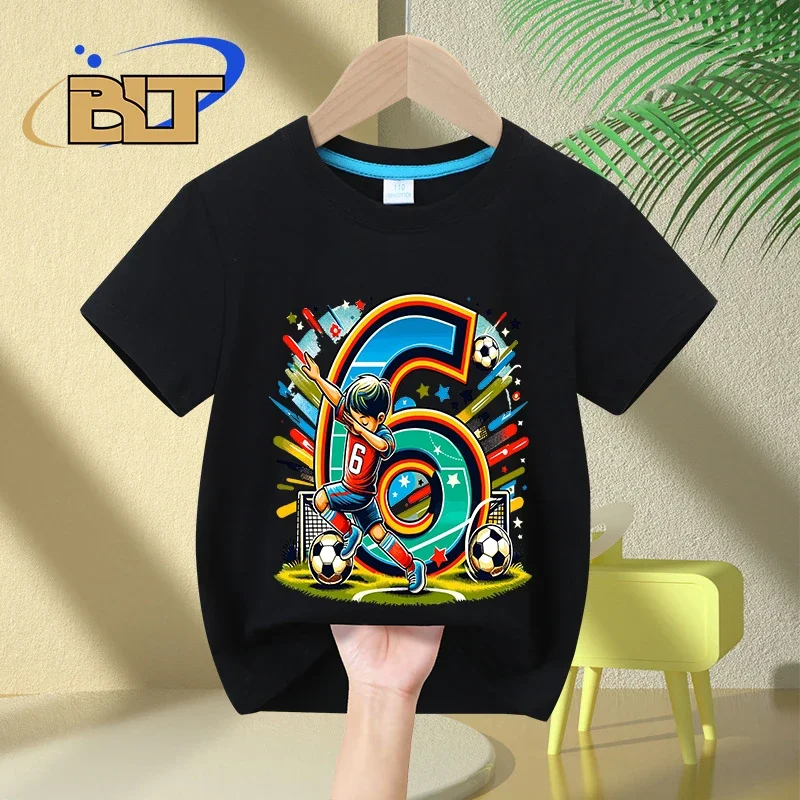 T-shirt de manga curta de algodão para menino, top casual, presente de aniversário, 6 anos, verão