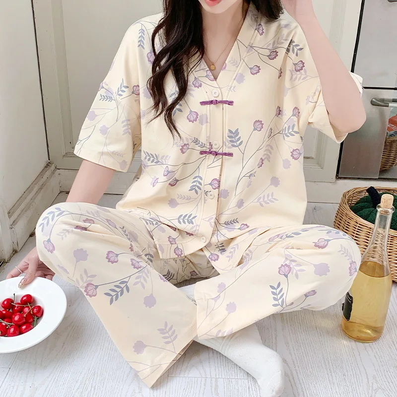 Pjs Women Cotton Pajama Style Sleepwear Pijamas Plus Size Nightwear Summer Women\'s Short Sleeved Long Pants Cardigan Pajama Set