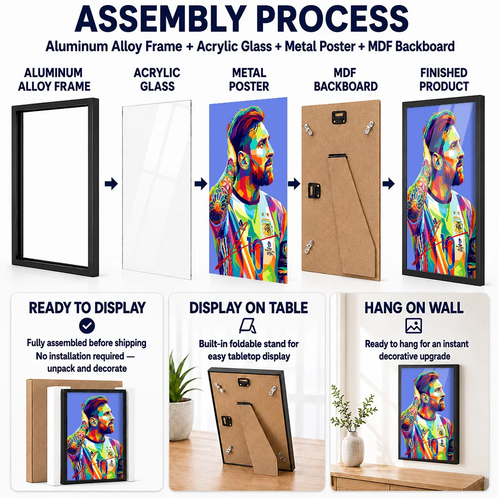 Lionel Messi Pop Portrait Framed Metal Poster Personalized Geometric Illustration Wall Art For Sports Lounge And Home Office