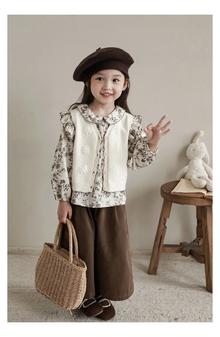 Girls Sweater Vest 2024 Spring and Autumn New Girls Korean Casual Baby Jacket Korean Sweet Style Fashion Flower Vest Clothes