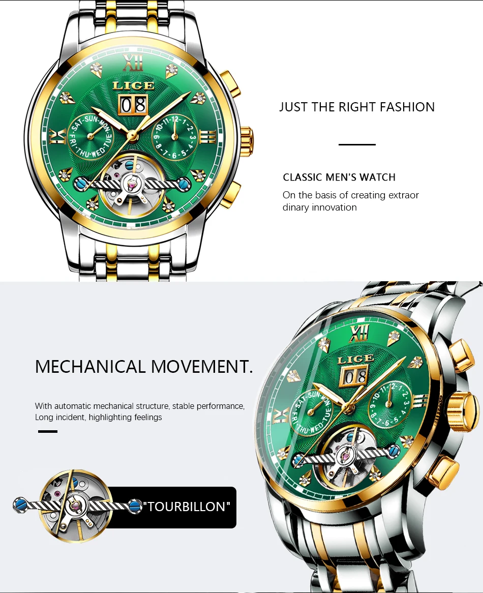 LIGE Automatic Watch for Men Top Original Luxury Skeleton Flywheel Mechanical Wristwatches Classic Calendar Business Man Watch