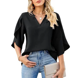 Women Summer Style Blouses Shirts Lady Casual Short Flare Sleeve V-Neck Solid Color Blouse Tops