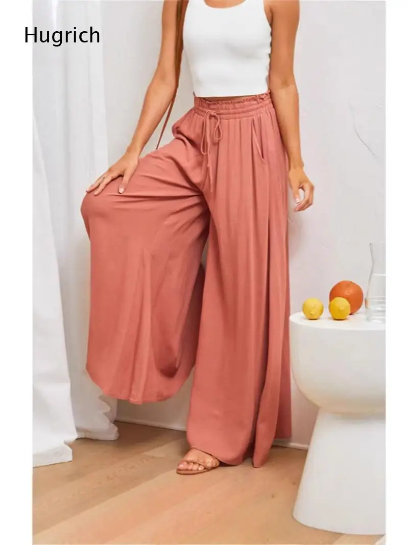 Women Ruffle Elastic Waist Drawstring Wide Leg Pants Loose Pocket Lightweight Beach Vacation Trousers