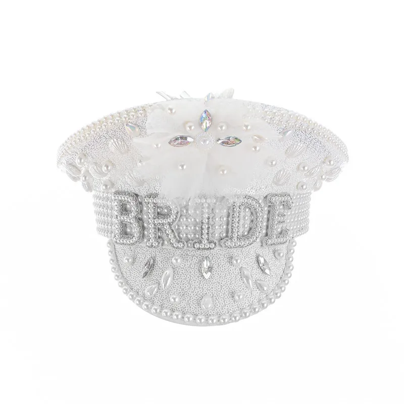 Bride Hat Pearl Sequins Rhinestone Wedding Fascinator Party Women Luxury Elegant White Hats Handmade Pink Pillbox Military Hat