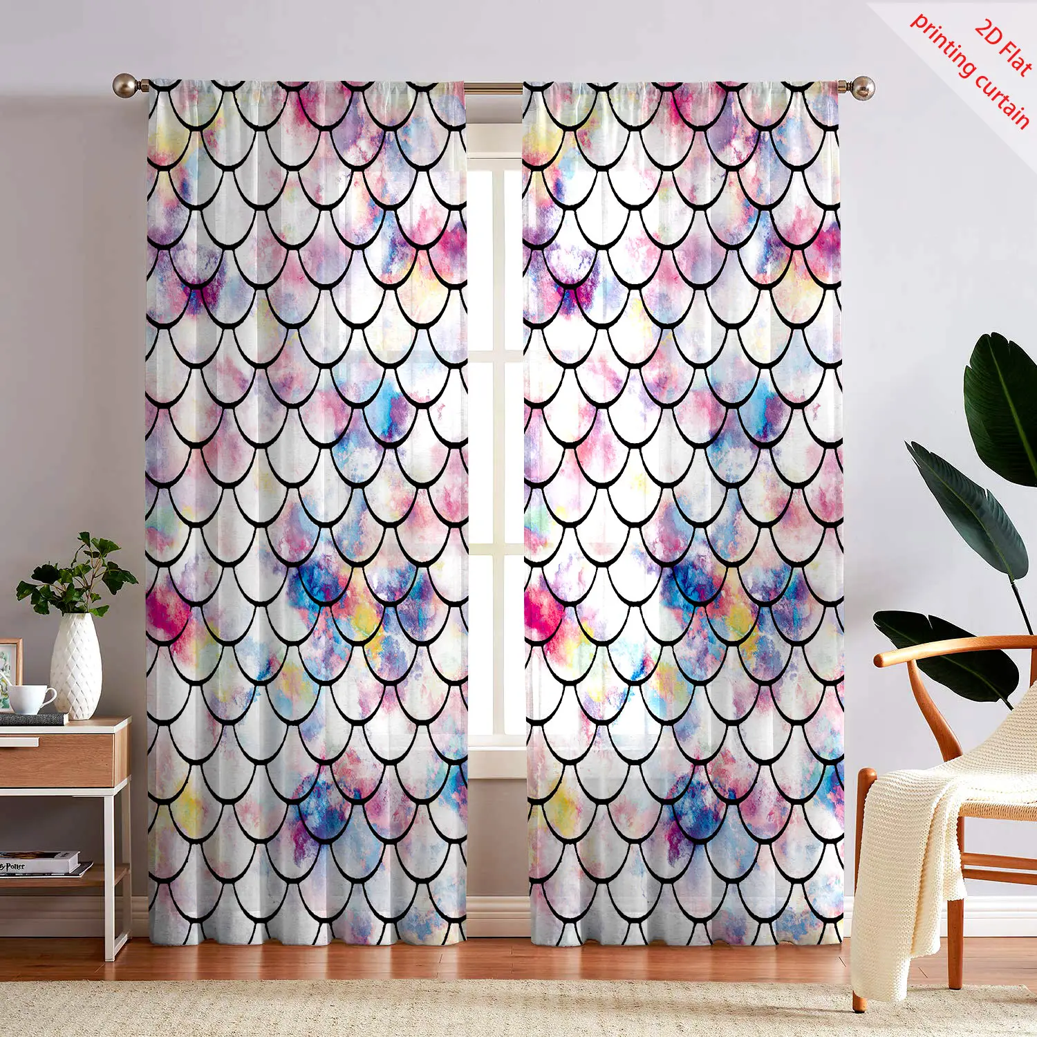 Aesthetic Fish Scale Pattern 2D Flat Print Transparent Gauze Curtain for Bedroom Living Room And Kitchen Home Decor