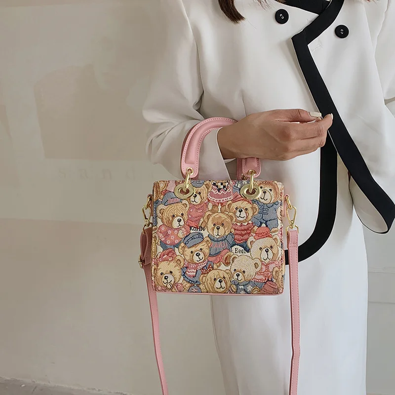 Bolso de mano cuadrado informal para mujer, bolso de hombro de oso de lona de cuero PU, bolso cruzado para niña, Mini bolso de mensajero femenino de diseñador