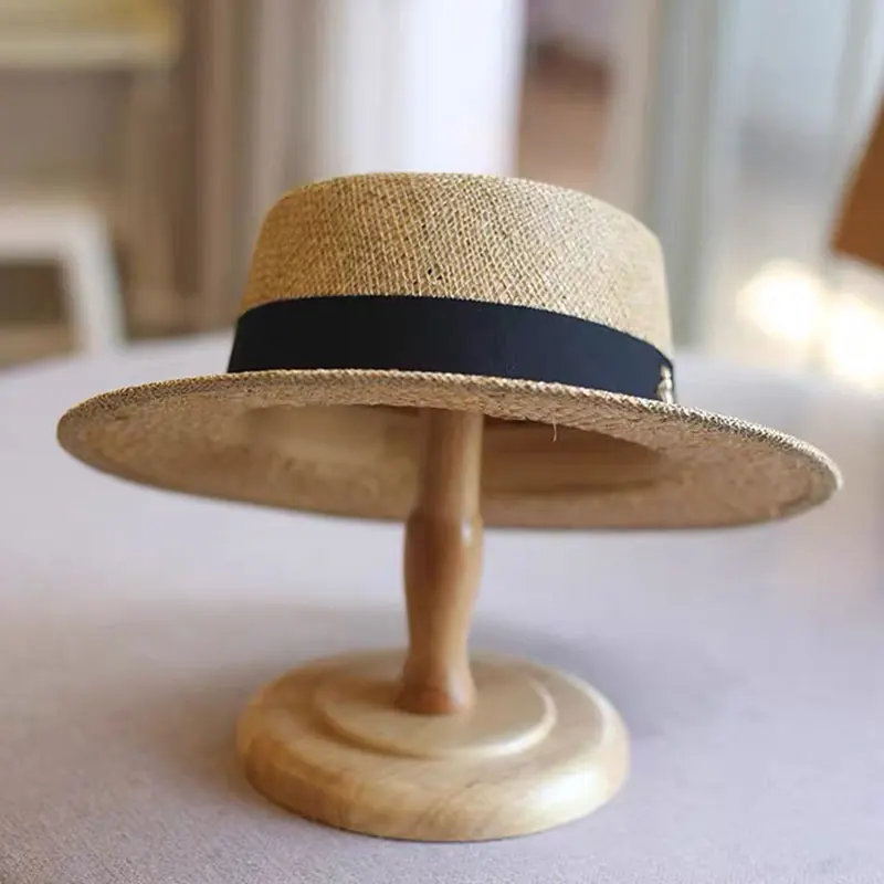 Fashion Raffia And Straw Two Layer Splicing Sunscreen Straw Hat Spring Summer British Flat   Top Panama Sunshade Bee Beach Hat