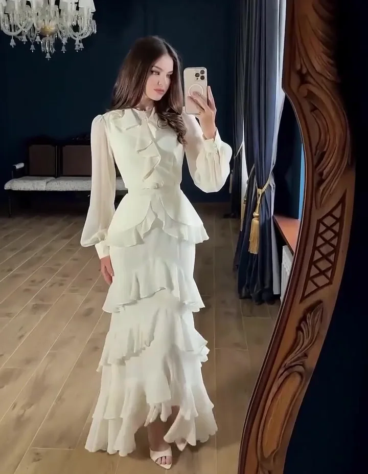 Elegant Solid Layered Ruffle Long Dress Women O Neck Long Sleeve Belt Chiffon Maxi Dress Autumn Wedding Guest Evening Party Robe