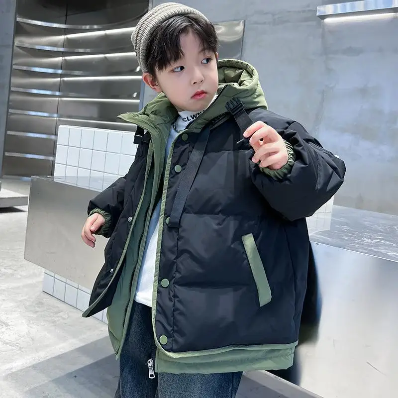 Boys' Winter New Color Blocked Fashion Handsome Windproof Warm Party Versatile School Sports Meeting Hooded Cotton Jacket