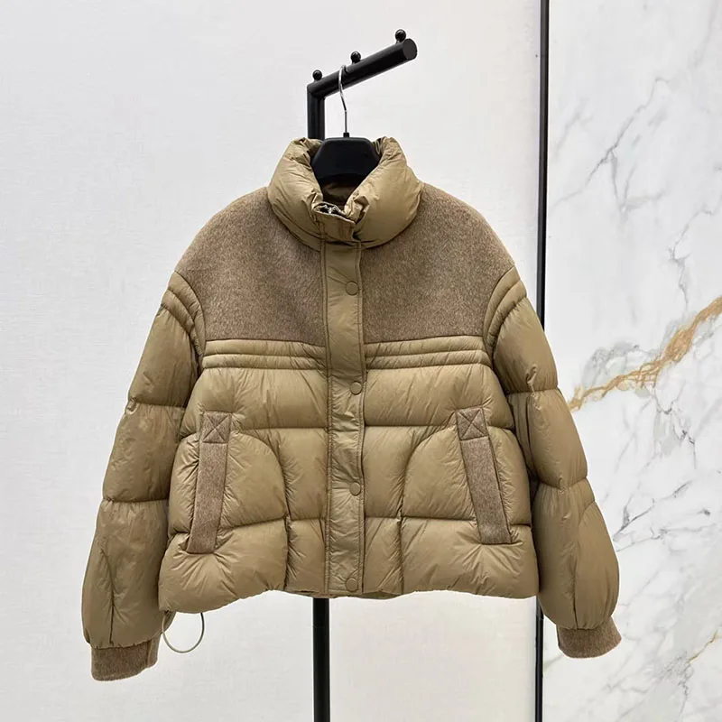 Wende-Daunenjacke aus Kaschmirmischung für Damen, locker sitzende warme Jacke, hochwertige, gefüllte Pufferjacke mit weißer Gänsedaunen