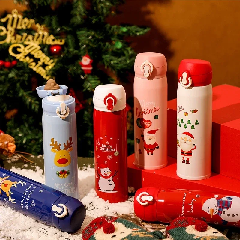 Christmas Thermos Cup Stainless Steel Liner Vacuum Water Bottle with Lid Elk Santa Claus Snowman Thermos Cups New Year Xmas Gift